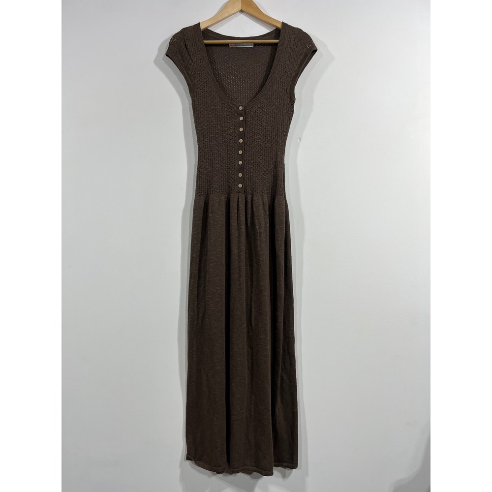 FP Beach Fairy Grunge Brown Pointelle Knit Cotton Linen Maxi Dress Small Boho